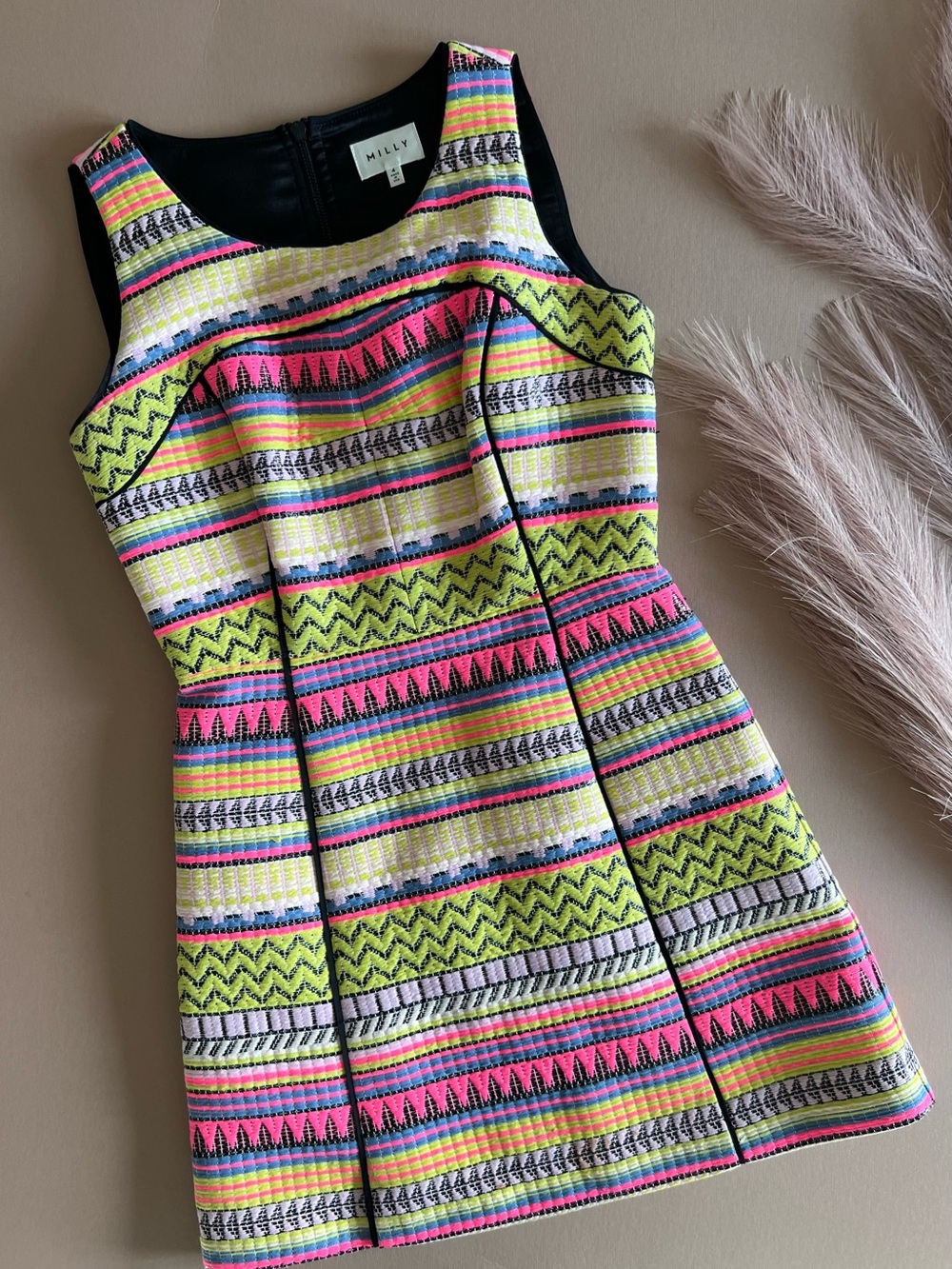 Milly Neon Woven Jacquard Stripe Cocktail Mini Dress Size 4